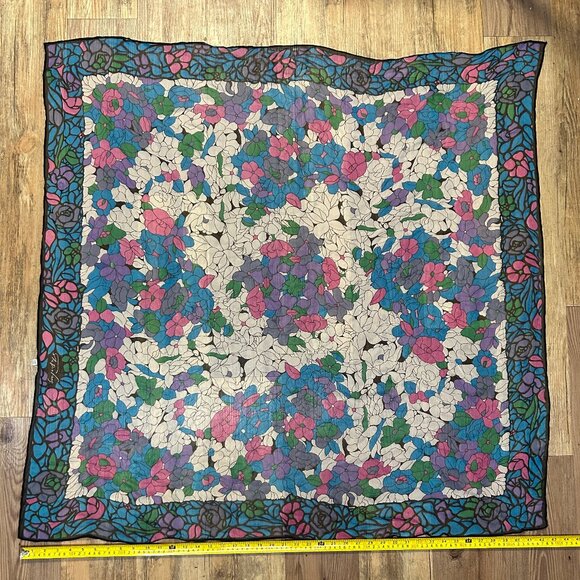 Multicolor Silk Scarf, Square 42x42 Inch, Floral Design - Picture 4 of 4